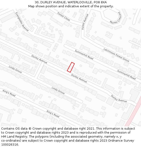 30, DURLEY AVENUE, WATERLOOVILLE, PO8 8XA: Location map and indicative extent of plot