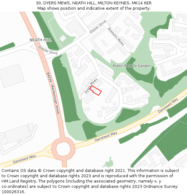 30, DYERS MEWS, NEATH HILL, MILTON KEYNES, MK14 6ER: Location map and indicative extent of plot