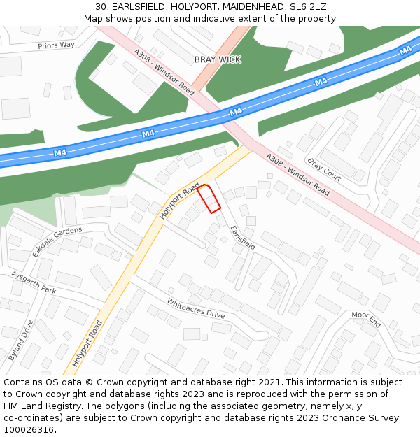 30, EARLSFIELD, HOLYPORT, MAIDENHEAD, SL6 2LZ: Location map and indicative extent of plot