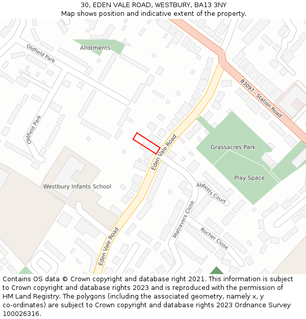 30, EDEN VALE ROAD, WESTBURY, BA13 3NY: Location map and indicative extent of plot