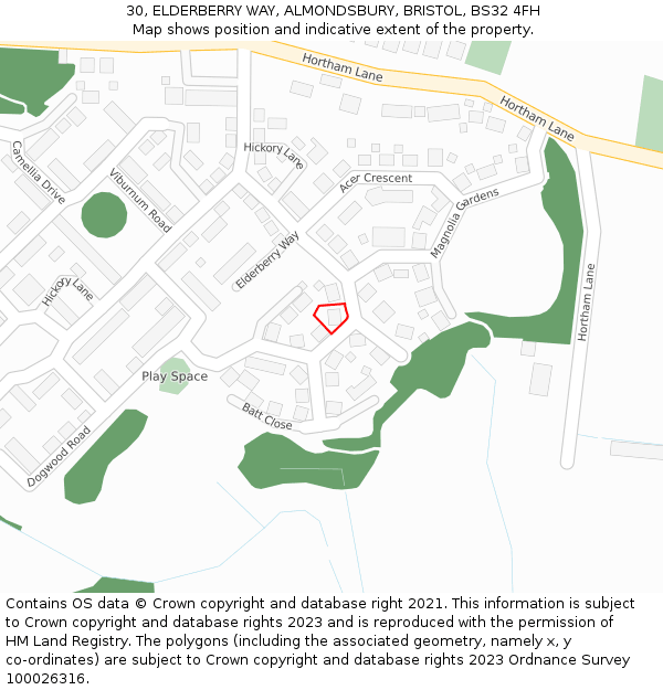 30, ELDERBERRY WAY, ALMONDSBURY, BRISTOL, BS32 4FH: Location map and indicative extent of plot