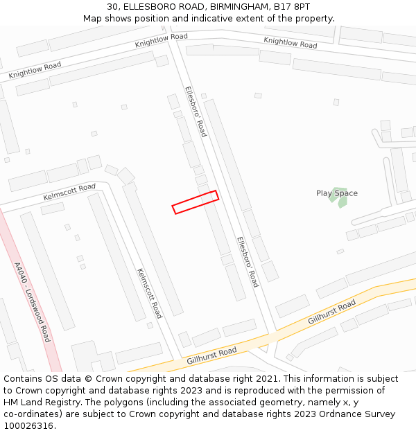 30, ELLESBORO ROAD, BIRMINGHAM, B17 8PT: Location map and indicative extent of plot