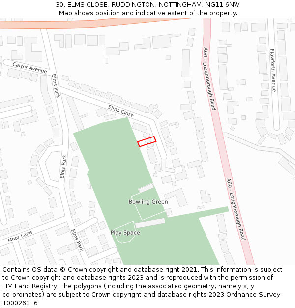 30, ELMS CLOSE, RUDDINGTON, NOTTINGHAM, NG11 6NW: Location map and indicative extent of plot