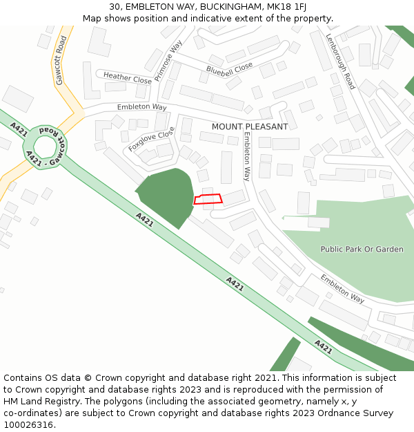 30, EMBLETON WAY, BUCKINGHAM, MK18 1FJ: Location map and indicative extent of plot