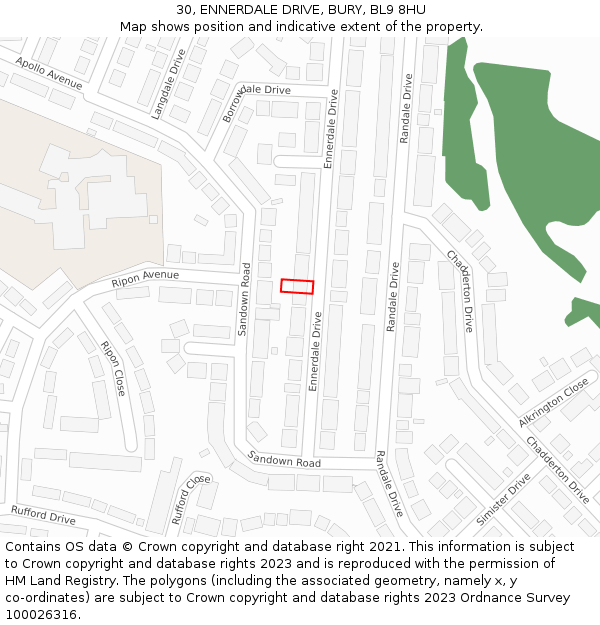 30, ENNERDALE DRIVE, BURY, BL9 8HU: Location map and indicative extent of plot