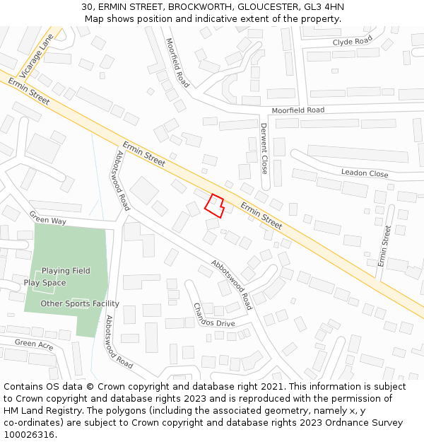 30, ERMIN STREET, BROCKWORTH, GLOUCESTER, GL3 4HN: Location map and indicative extent of plot