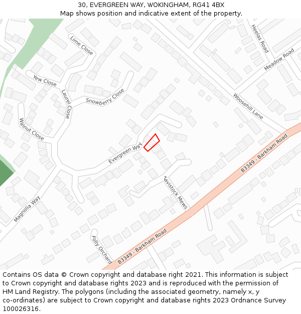 30, EVERGREEN WAY, WOKINGHAM, RG41 4BX: Location map and indicative extent of plot