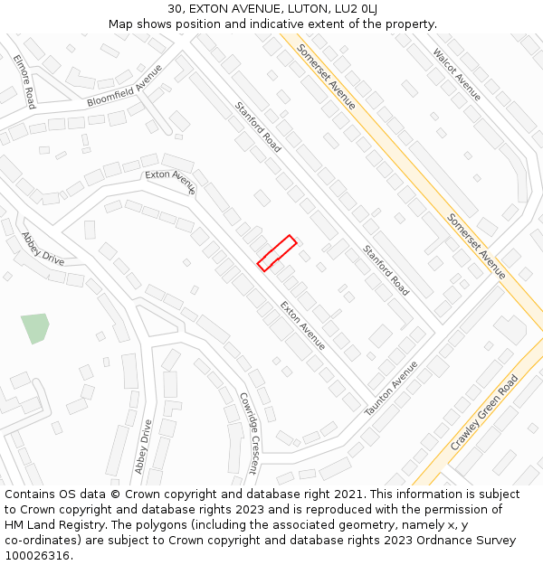 30, EXTON AVENUE, LUTON, LU2 0LJ: Location map and indicative extent of plot