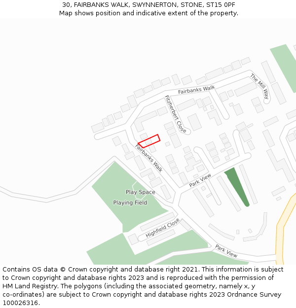 30, FAIRBANKS WALK, SWYNNERTON, STONE, ST15 0PF: Location map and indicative extent of plot