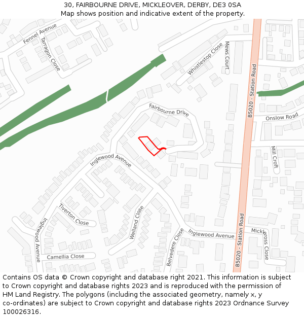 30, FAIRBOURNE DRIVE, MICKLEOVER, DERBY, DE3 0SA: Location map and indicative extent of plot