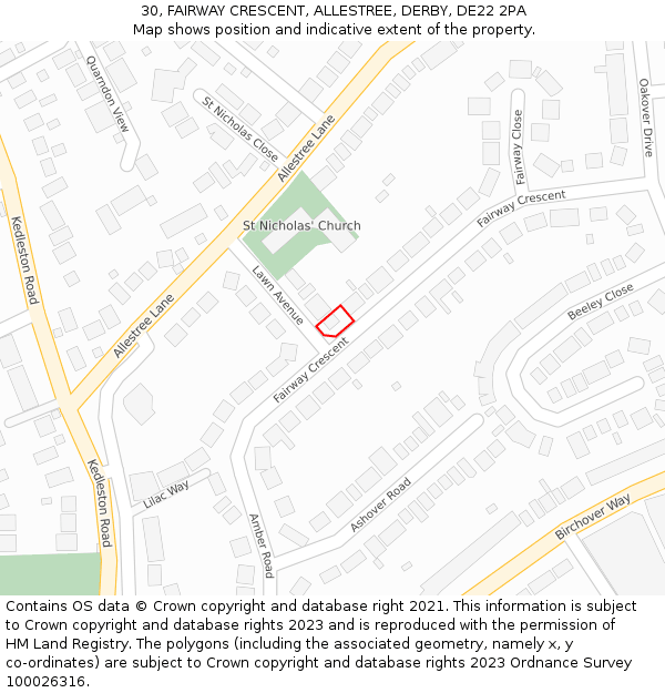 30, FAIRWAY CRESCENT, ALLESTREE, DERBY, DE22 2PA: Location map and indicative extent of plot