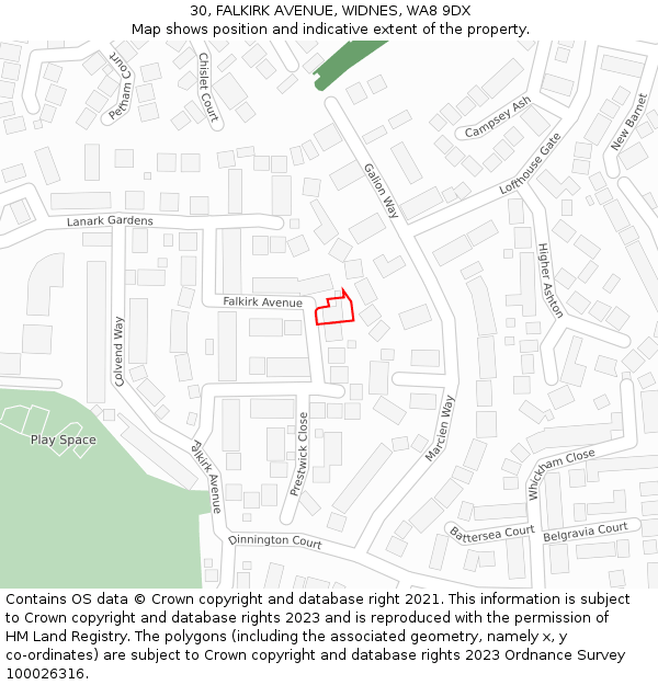 30, FALKIRK AVENUE, WIDNES, WA8 9DX: Location map and indicative extent of plot