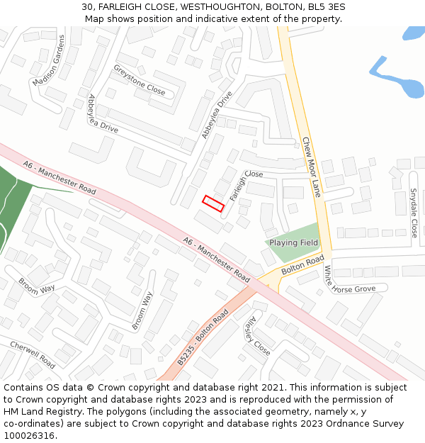 30, FARLEIGH CLOSE, WESTHOUGHTON, BOLTON, BL5 3ES: Location map and indicative extent of plot