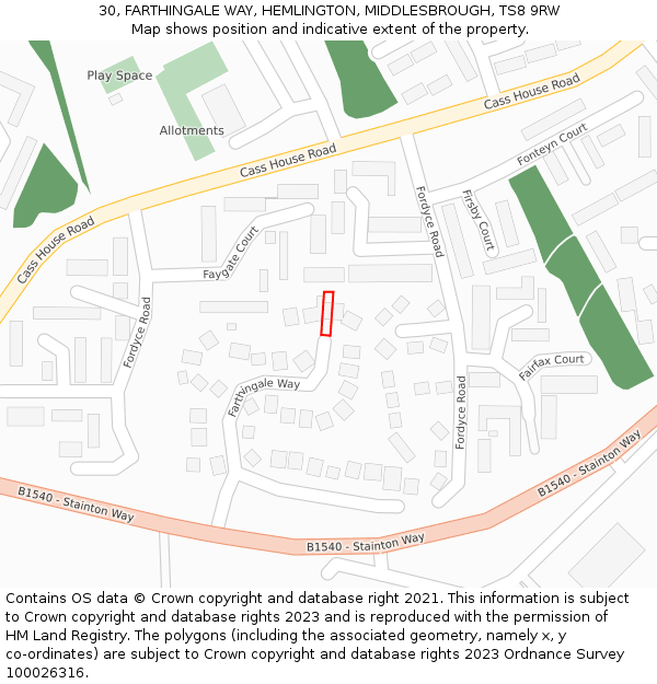 30, FARTHINGALE WAY, HEMLINGTON, MIDDLESBROUGH, TS8 9RW: Location map and indicative extent of plot