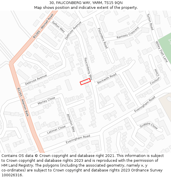30, FAUCONBERG WAY, YARM, TS15 9QN: Location map and indicative extent of plot