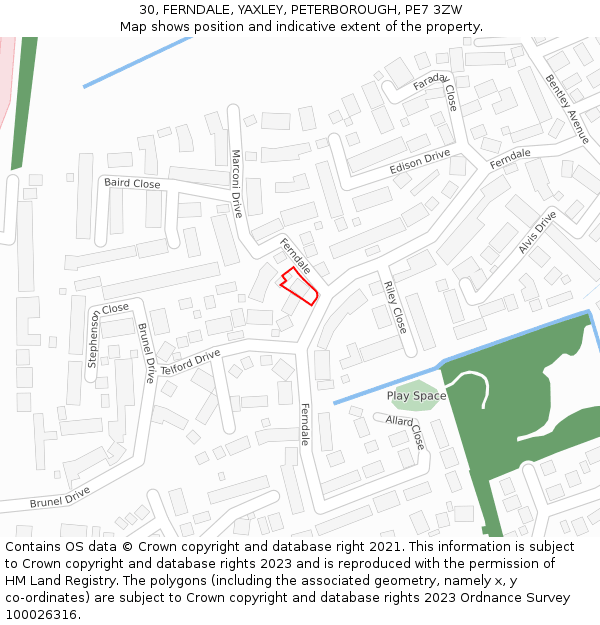 30, FERNDALE, YAXLEY, PETERBOROUGH, PE7 3ZW: Location map and indicative extent of plot