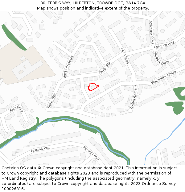 30, FERRIS WAY, HILPERTON, TROWBRIDGE, BA14 7GX: Location map and indicative extent of plot