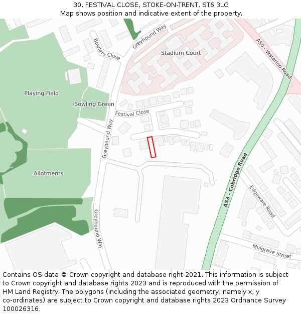 30, FESTIVAL CLOSE, STOKE-ON-TRENT, ST6 3LG: Location map and indicative extent of plot