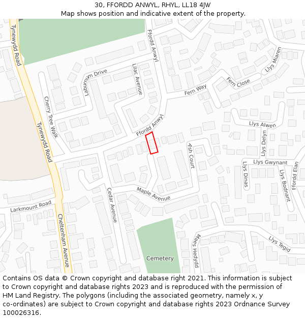 30, FFORDD ANWYL, RHYL, LL18 4JW: Location map and indicative extent of plot