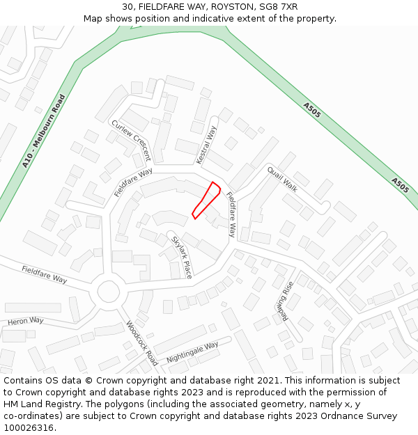 30, FIELDFARE WAY, ROYSTON, SG8 7XR: Location map and indicative extent of plot