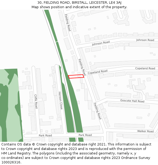 30, FIELDING ROAD, BIRSTALL, LEICESTER, LE4 3AJ: Location map and indicative extent of plot