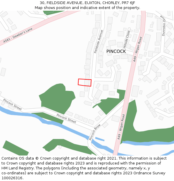 30, FIELDSIDE AVENUE, EUXTON, CHORLEY, PR7 6JF: Location map and indicative extent of plot