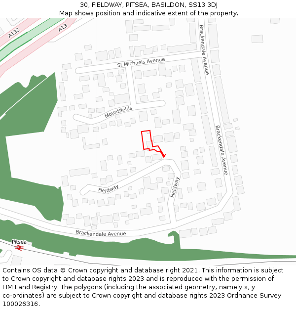 30, FIELDWAY, PITSEA, BASILDON, SS13 3DJ: Location map and indicative extent of plot