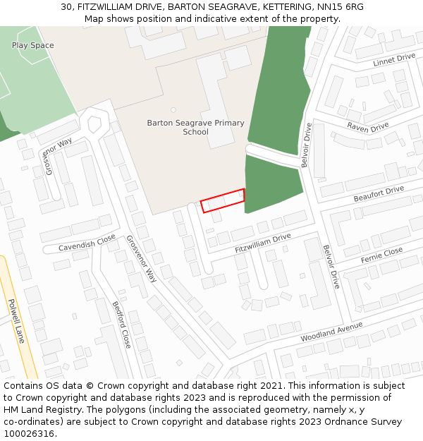 30, FITZWILLIAM DRIVE, BARTON SEAGRAVE, KETTERING, NN15 6RG: Location map and indicative extent of plot