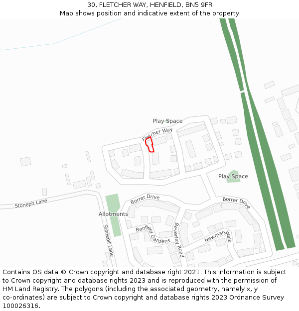 30, FLETCHER WAY, HENFIELD, BN5 9FR: Location map and indicative extent of plot