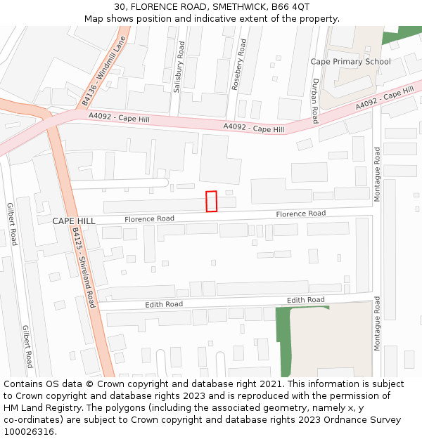 30, FLORENCE ROAD, SMETHWICK, B66 4QT: Location map and indicative extent of plot