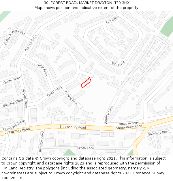 30, FOREST ROAD, MARKET DRAYTON, TF9 3HX: Location map and indicative extent of plot