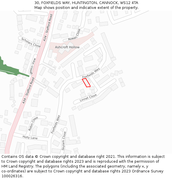 30, FOXFIELDS WAY, HUNTINGTON, CANNOCK, WS12 4TA: Location map and indicative extent of plot