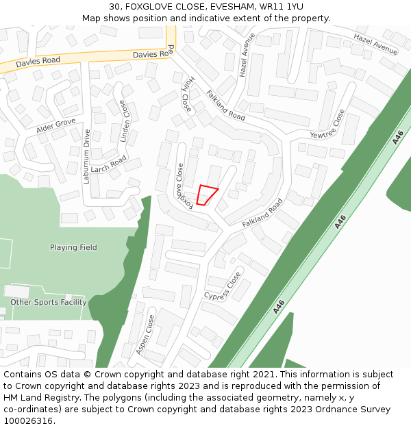 30, FOXGLOVE CLOSE, EVESHAM, WR11 1YU: Location map and indicative extent of plot