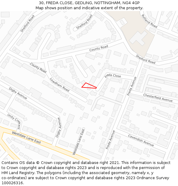 30, FREDA CLOSE, GEDLING, NOTTINGHAM, NG4 4GP: Location map and indicative extent of plot