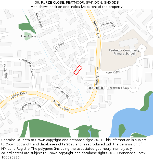 30, FURZE CLOSE, PEATMOOR, SWINDON, SN5 5DB: Location map and indicative extent of plot