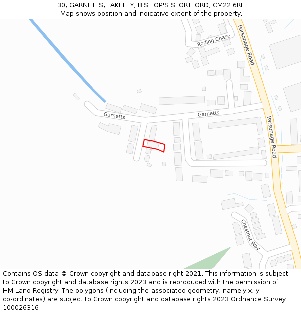 30, GARNETTS, TAKELEY, BISHOP'S STORTFORD, CM22 6RL: Location map and indicative extent of plot