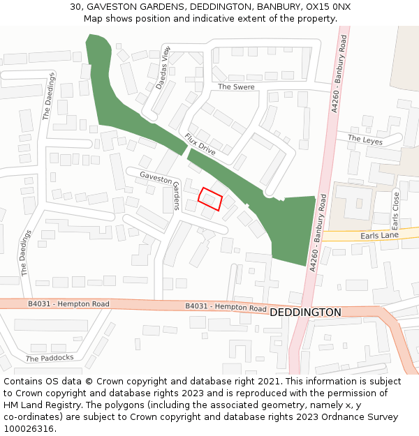 30, GAVESTON GARDENS, DEDDINGTON, BANBURY, OX15 0NX: Location map and indicative extent of plot