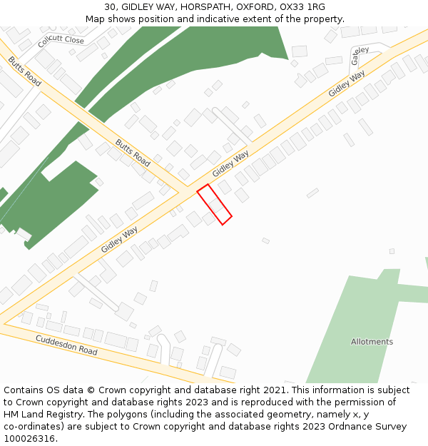 30, GIDLEY WAY, HORSPATH, OXFORD, OX33 1RG: Location map and indicative extent of plot