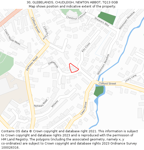 30, GLEBELANDS, CHUDLEIGH, NEWTON ABBOT, TQ13 0GB: Location map and indicative extent of plot