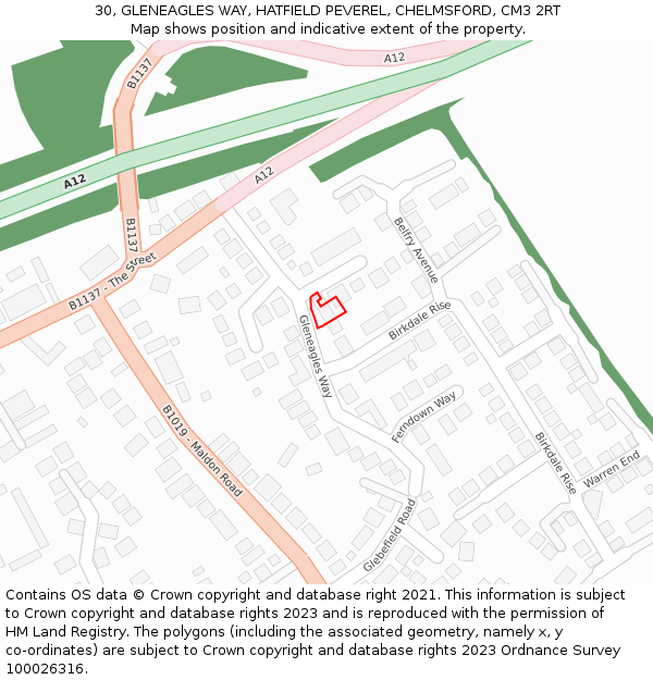 30, GLENEAGLES WAY, HATFIELD PEVEREL, CHELMSFORD, CM3 2RT: Location map and indicative extent of plot