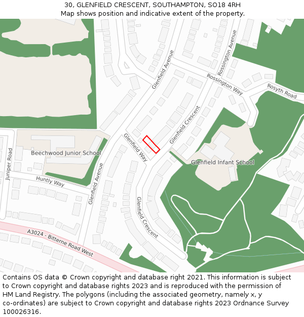 30, GLENFIELD CRESCENT, SOUTHAMPTON, SO18 4RH: Location map and indicative extent of plot