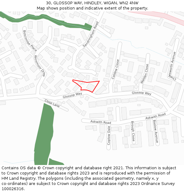 30, GLOSSOP WAY, HINDLEY, WIGAN, WN2 4NW: Location map and indicative extent of plot