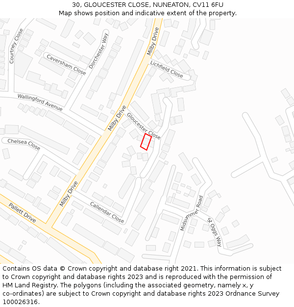 30, GLOUCESTER CLOSE, NUNEATON, CV11 6FU: Location map and indicative extent of plot