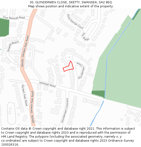 30, GLYNDERWEN CLOSE, SKETTY, SWANSEA, SA2 8EQ: Location map and indicative extent of plot