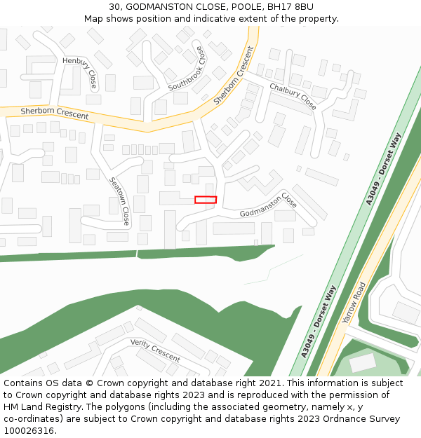 30, GODMANSTON CLOSE, POOLE, BH17 8BU: Location map and indicative extent of plot