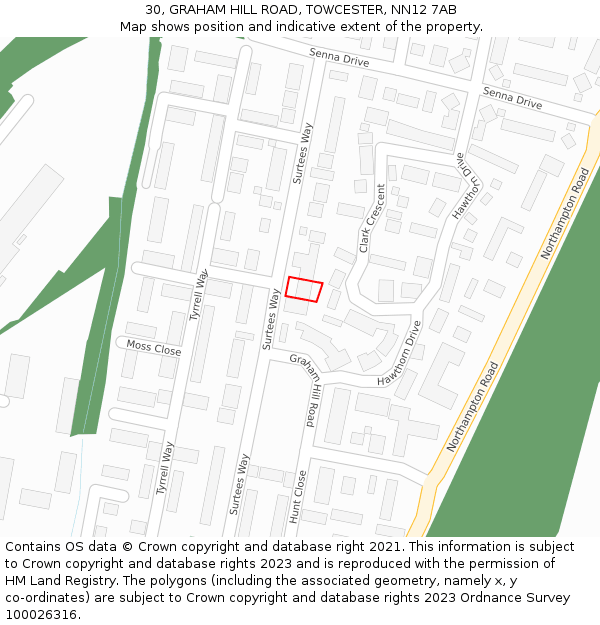 30, GRAHAM HILL ROAD, TOWCESTER, NN12 7AB: Location map and indicative extent of plot