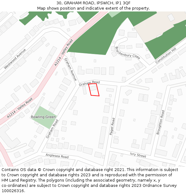 30, GRAHAM ROAD, IPSWICH, IP1 3QF: Location map and indicative extent of plot