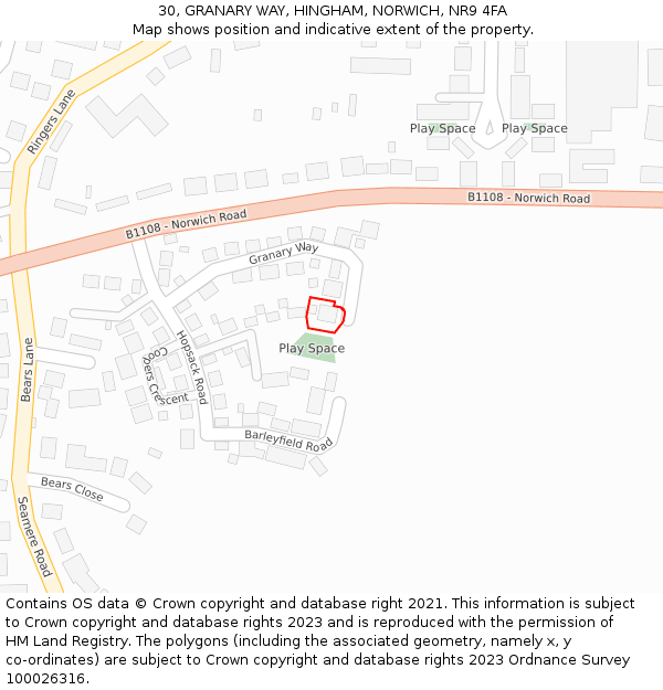 30, GRANARY WAY, HINGHAM, NORWICH, NR9 4FA: Location map and indicative extent of plot