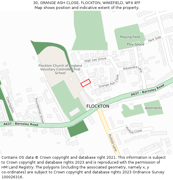 30, GRANGE ASH CLOSE, FLOCKTON, WAKEFIELD, WF4 4FF: Location map and indicative extent of plot