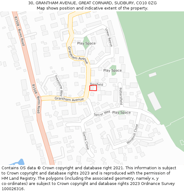 30, GRANTHAM AVENUE, GREAT CORNARD, SUDBURY, CO10 0ZG: Location map and indicative extent of plot